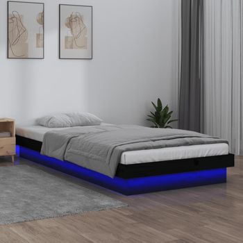 Cama Individual | Cama Para Adultos | Estructura De Cama Con Led Madera Maciza Negra 100x200 Cm Cfw795328