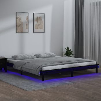 Cama Matrimonial | Cama Para Adultos | Estructura De Cama Con Led Madera Maciza Negra 120x200 Cm Cfw682331