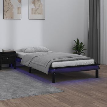 Cama Individual | Cama Para Adultos | Estructura De Cama Con Led Madera Maciza Negra 75x190 Cm Cfw387871