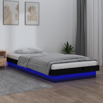 Cama Individual | Cama Para Adultos | Estructura De Cama Con Led Madera Maciza Negra 90x200 Cm Cfw639519