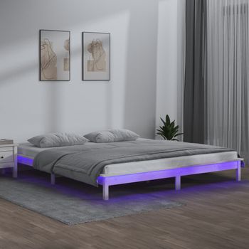 Cama Matrimonial | Cama Para Adultos | Estructura De Cama Con Leds Madera Maciza Blanca 150x200 Cm Cfw317026