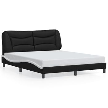 Cama Matrimonial | Cama Para Adultos | Estructura De Cama Con Luz Led Cuero Pe Negro Blanco 160x200 Cm Cfw251087