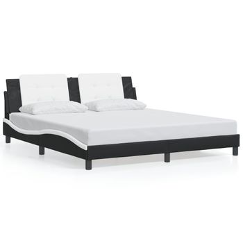 Cama Matrimonial | Cama Para Adultos | Estructura De Cama Con Luz Led Cuero Pe Negro Blanco 180x200 Cm Cfw87800