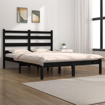 Cama Matrimonial | Cama Para Adultos | Estructura De Cama De Madera Maciza De Pino Negra 140x190 Cm Cfw699004