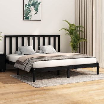 Cama Matrimonial | Cama Para Adultos | Estructura De Cama De Madera Maciza De Pino Negra 200x200 Cm Cfw206770