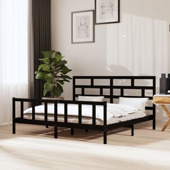 Cama Matrimonial | Cama Para Adultos | Estructura De Cama De Madera Maciza De Pino Negro 200x200 Cm Cfw370247