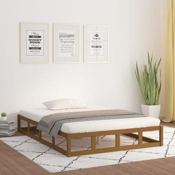 Cama Matrimonial | Cama Para Adultos | Estructura De Cama De Madera Maciza Marrón Miel 150x200 Cm Cfw309818