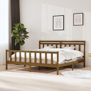 Cama Matrimonial | Cama Para Adultos | Estructura De Cama De Madera Maciza Marrón Miel 200x200 Cm Cfw294178