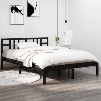 Cama Matrimonial | Cama Para Adultos | Estructura De Cama De Madera Maciza Negra 140x190 Cm Cfw380949