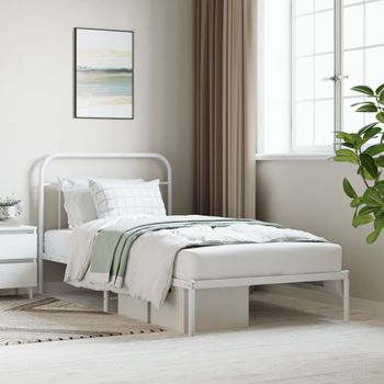 Cama Individual | Cama Para Adultos | Estructura De Cama De Metal Con Cabecero Blanco 107x203 Cm Cfw718564