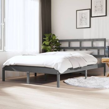 Cama Matrimonial | Cama Para Adultos | Estructura De Cama Madera Maciza Gris 135x190 Cm Cfw622467