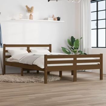 Cama Matrimonial | Cama Para Adultos | Estructura De Cama Doble Madera Maciza Marrón Miel 120x190 Cm Cfw554718