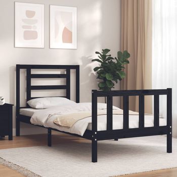 Cama Individual | Cama Para Adultos | Estructura De Cama Individual Con Cabecero Madera Maciza Negro Cfw758085