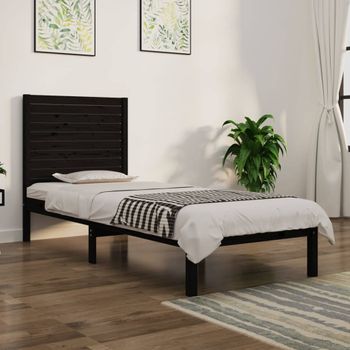 Cama Individual | Cama Para Adultos | Estructura De Cama Individual Madera Maciza Negra 90x190 Cm Cfw565881