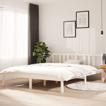 Cama Matrimonial | Cama Para Adultos | Estructura De Cama Madera Maciza Blanco Tamaño King 150x200 Cm Cfw309156