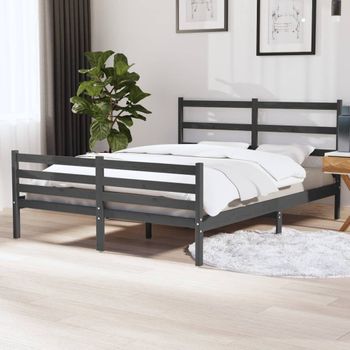 Cama Matrimonial | Cama Para Adultos | Estructura De Cama De Matrimonio Madera De Pino Gris 135x190 Cm Cfw758864