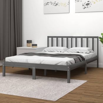 Cama Matrimonial | Cama Para Adultos | Estructura De Cama Madera Maciza De Pino Doble Gris 135x190 Cm Cfw642405