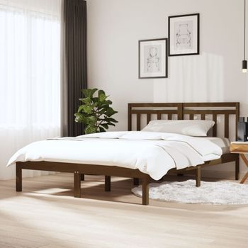 Cama Matrimonial | Cama Para Adultos | Estructura De Cama Madera Maciza De Pino Marrón Miel 120x200 Cm Cfw285624