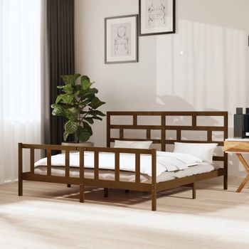 Cama Matrimonial | Cama Para Adultos | Estructura De Cama Madera Maciza De Pino Marrón Miel 200x200 Cm Cfw196699