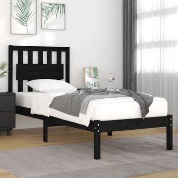 Cama Individual | Cama Para Adultos | Estructura De Cama Madera Maciza De Pino Negra 100x200 Cm Cfw383266