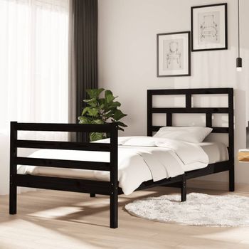 Cama Individual | Cama Para Adultos | Estructura De Cama Madera Maciza De Pino Negra 90x200 Cm Cfw127483