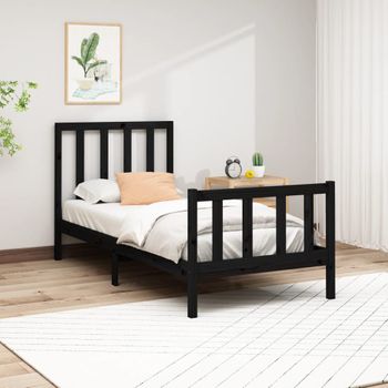 Cama Individual | Cama Para Adultos | Estructura De Cama Madera Maciza De Pino Negro 90x200 Cm Cfw207313