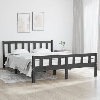 Cama Matrimonial | Cama Para Adultos | Estructura De Cama Madera Maciza Gris King Size 150x200 Cm Cfw533475