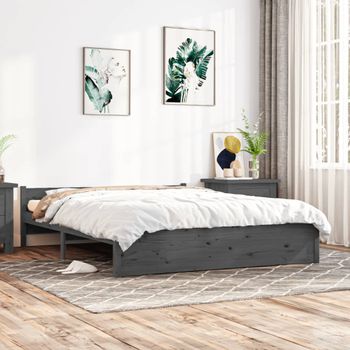 Cama Matrimonial | Cama Para Adultos | Estructura De Cama Madera Maciza Gris Tamaño King 150x200 Cm Cfw953215