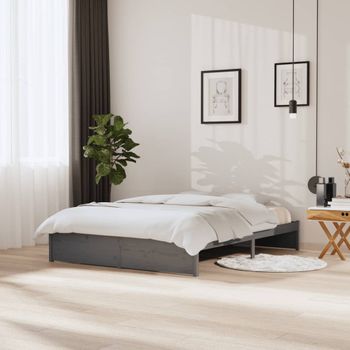 Cama Matrimonial | Cama Para Adultos | Estructura De Cama Madera Maciza Gris Tamaño King 150x200 Cm Cfw749415