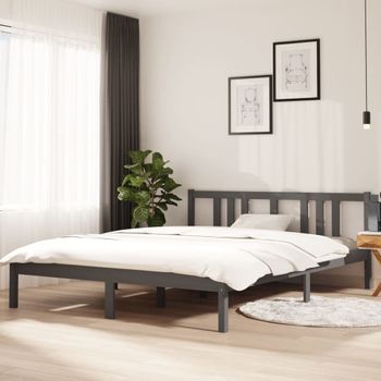 Cama Matrimonial | Cama Para Adultos | Estructura De Cama Madera Maciza Gris Tamaño King 150x200 Cm Cfw334049