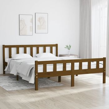 Cama Matrimonial | Cama Para Adultos | Estructura Cama Madera Maciza Marrón Miel King Size 150x200 Cm Cfw945751