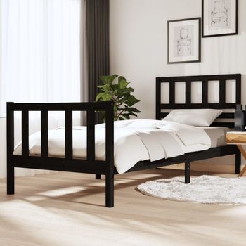 Cama Individual | Cama Para Adultos | Estructura De Cama Madera Maciza Negro 90x200 Cm Cfw544013