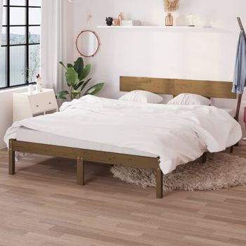 Cama Matrimonial | Cama Para Adultos | Estructura De Cama Madera Maciza Pino Marrón Miel 120x200 Cm Cfw708586