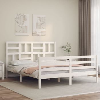 Cama Matrimonial | Cama Para Adultos | Estructura De Cama Matrimonio Con Cabecero Madera Maciza Blanco Cfw387008