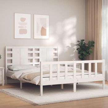 Cama Matrimonial | Cama Para Adultos | Estructura De Cama Matrimonio Con Cabecero Madera Maciza Blanco Cfw994731