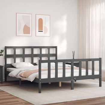 Cama Matrimonial | Cama Para Adultos | Estructura De Cama Matrimonio Con Cabecero Madera Maciza Gris Cfw668889