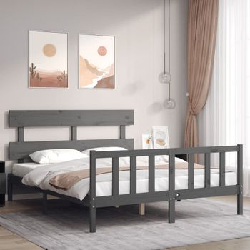 Cama Matrimonial | Cama Para Adultos | Estructura De Cama Matrimonio Con Cabecero Madera Maciza Gris Cfw768461