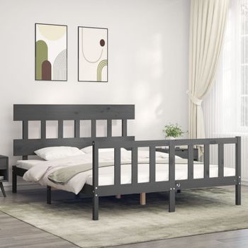 Cama Matrimonial | Cama Para Adultos | Estructura De Cama Matrimonio Con Cabecero Madera Maciza Gris Cfw781640