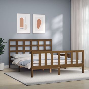 Cama Matrimonial | Cama Para Adultos | Estructura De Cama Matrimonio Con Cabecero Madera Marrón Miel Cfw899203