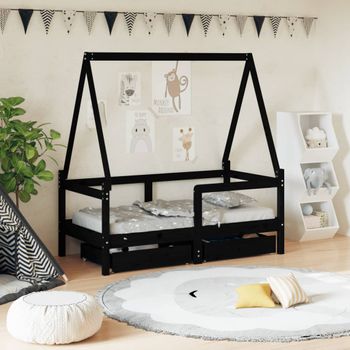 Cama Individual | Cama Infantil | Estructura De Cama Niños Con Cajones Madera Pino Negro 70x140cm Cfw755056