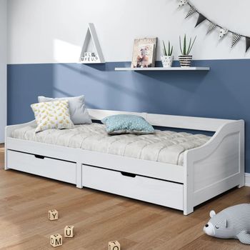 Sofá Cama | Cama Para Adultos Con 2 Cajones Madera Maciza Pino Blanca Irun 90x200cm Cfw448971