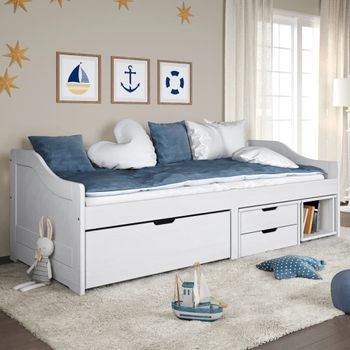 Sofá Cama | Cama Para Adultos Con 3 Cajones Madera Maciza Pino Blanca Irun 90x200cm Cfw45042