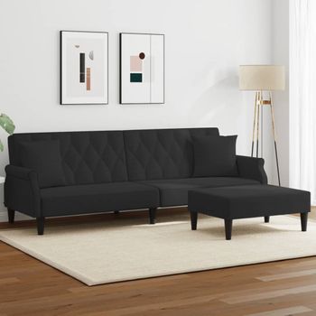 Sofá Cama De 2 Plazas Moderno | Cama Para Adulto Con Almohadas Y Taburete Terciopelo Negro Cfw23729