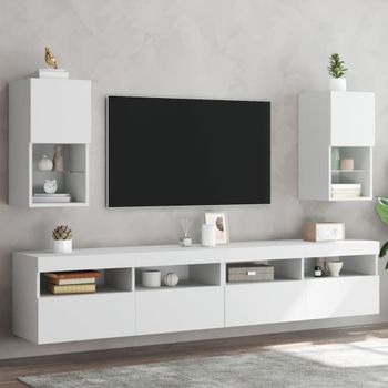 2 Uds Muebles Tv | Mueble De Salón | Armario Tv Con Luces Led Blanco 30,5x30x60 Cm Cfw780828