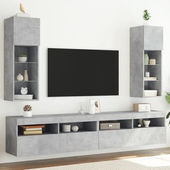 2 Uds Muebles Tv | Mueble De Salón | Armario Tv Con Luces Led Gris Hormigón 30,5x30x90 Cm Cfw780369