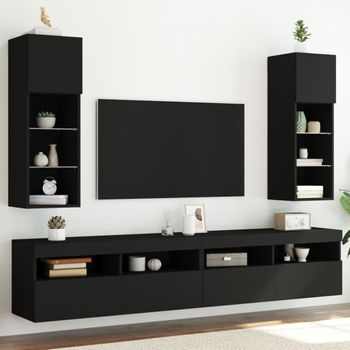 2 Uds Muebles Tv | Mueble De Salón | Armario Tv Con Luces Led Negro 30,5x30x90 Cm Cfw780387