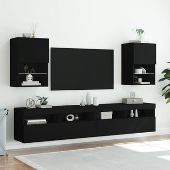 2 Uds Muebles Tv | Mueble De Salón | Armario Tv Con Luces Led Negro 40,5x30x60 Cm Cfw780388