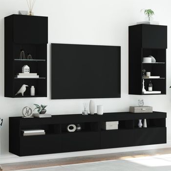 2 Uds Muebles Tv | Mueble De Salón | Armario Tv Con Luces Led Negro 40,5x30x90 Cm Cfw780389