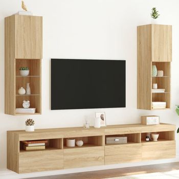 2 Uds Muebles Tv | Mueble De Salón | Armario Tv Con Luces Led Roble Sonoma 30,5x30x102 Cm Cfw780404