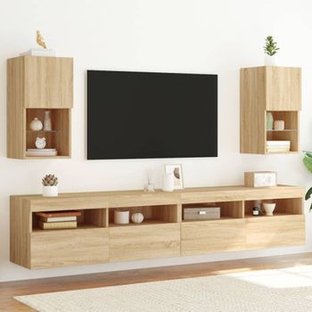 2 Uds Muebles Tv | Mueble De Salón | Armario Tv Con Luces Led Roble Sonoma 30,5x30x60 Cm Cfw780405